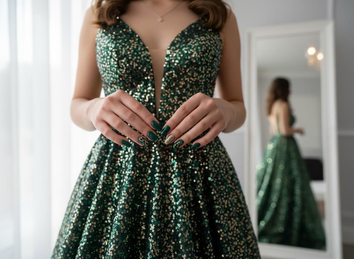Woman in Green Sequin Dress with Manicured Nails
