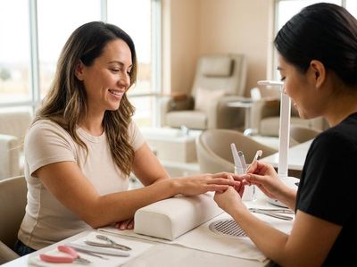 A smiling woman gets her nails done by a nail technician in a bright salon, with manicure tools on the table. Woman receiving a manicure at a nail salon