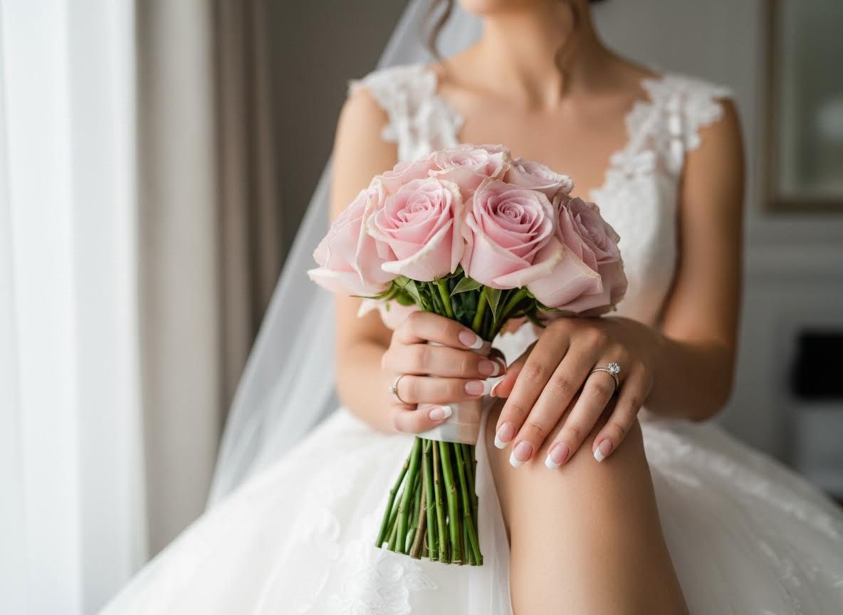Bride Holding Pink Rose Bouquet with Engagement Ring and Wedding Band