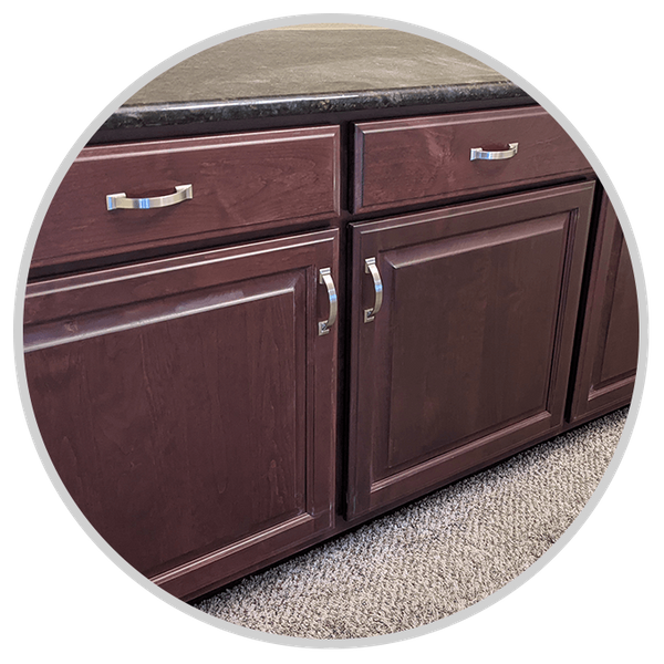 Burgundy Cabinets with silver hardware