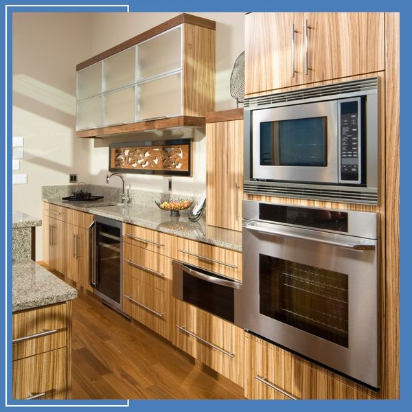bamboo and frosted glass fronted cabinets in a kitchen