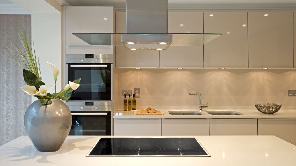 Kitchen with modern, light cabinets. 