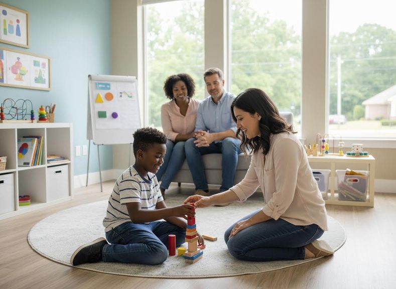 Young boy and woman building blocks while adults observe