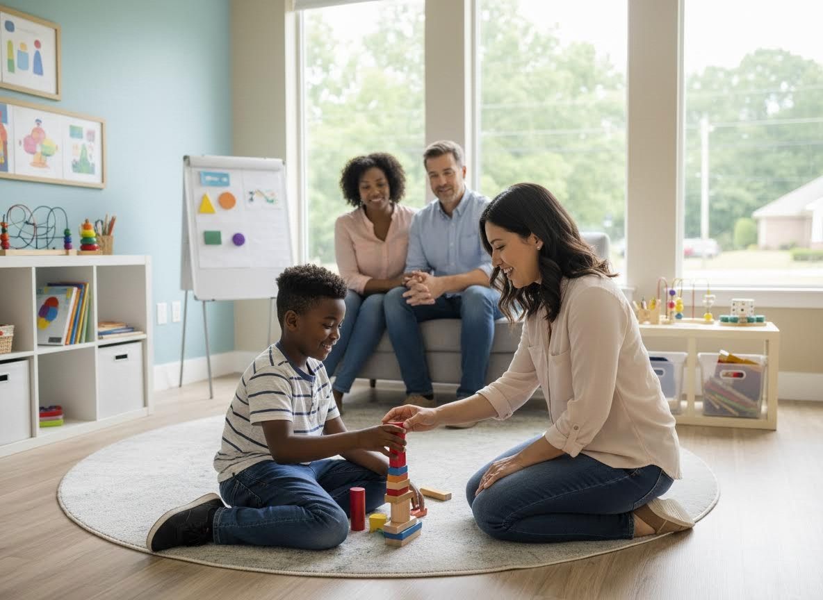 Young boy and woman building blocks while adults observe