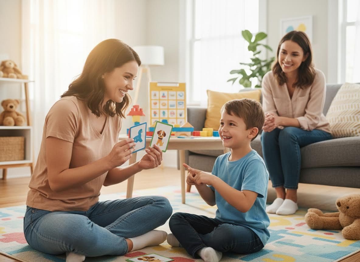Woman and boy learning with animal flashcards