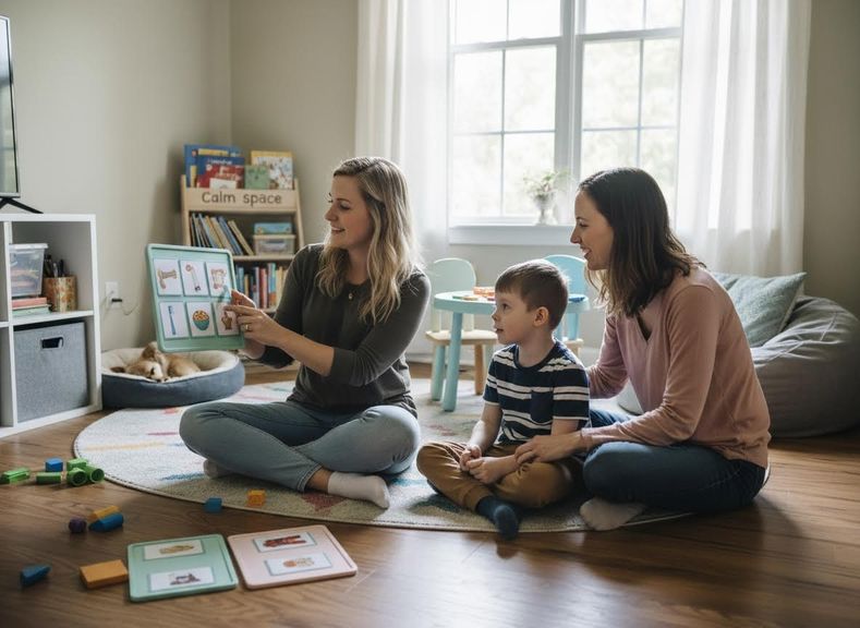 Woman teaching boy with visual aid cards