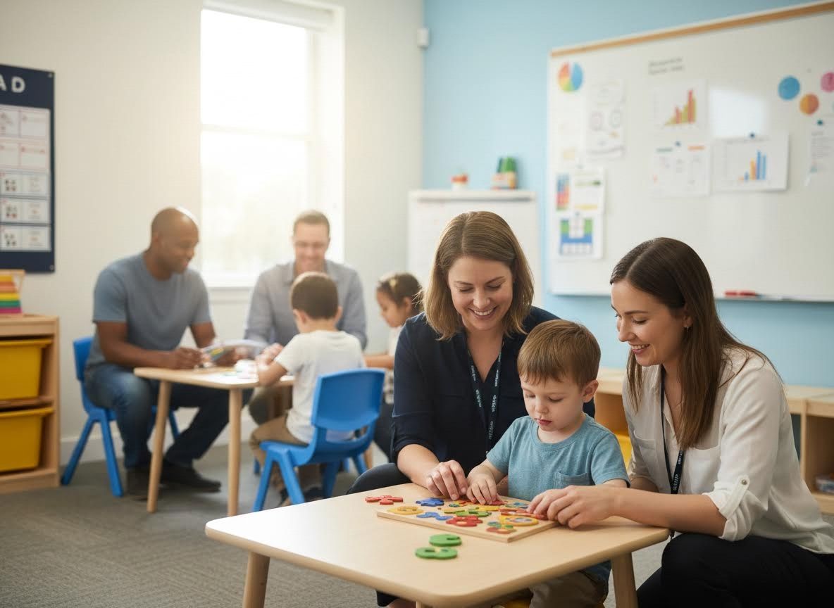Teachers and children learning together in a bright classroom