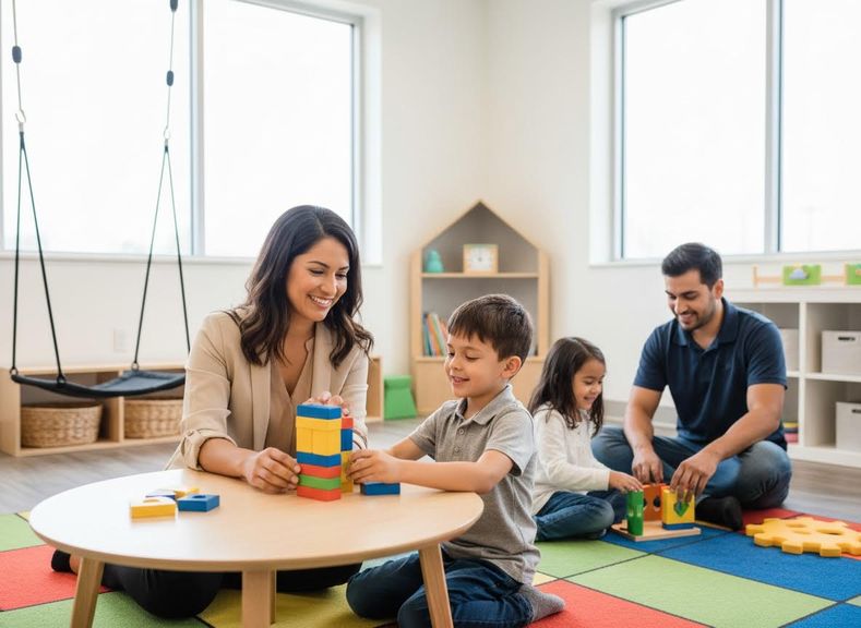 Adults and children playing with educational blocks and toys