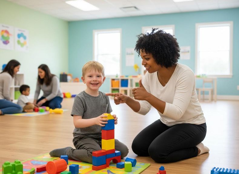 Happy Boy Building Blocks with Teacher in Preschool