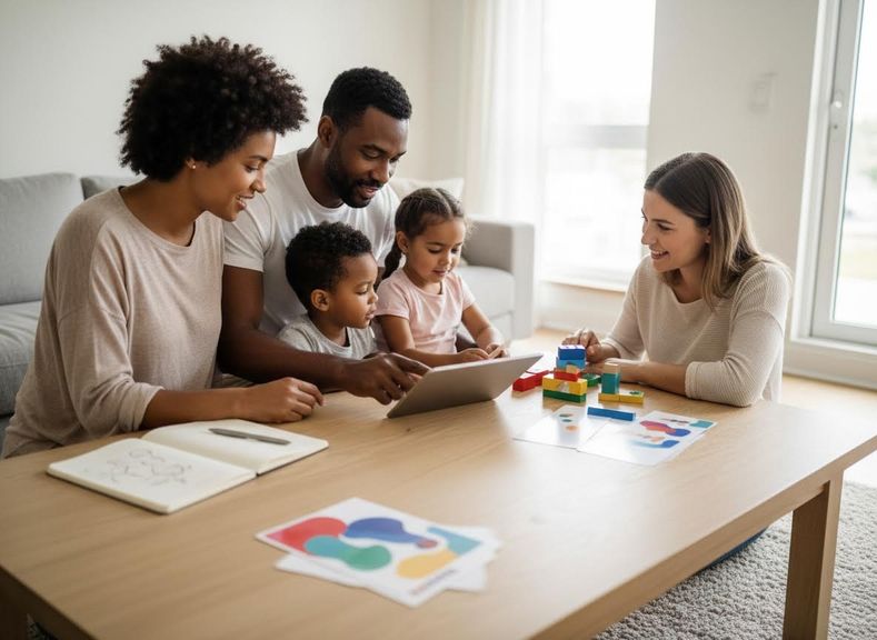 A mixed-race family with two young children and an educator interact around a table with a tablet and colorful building blocks. Family and Educator Engaged in Learning Activities