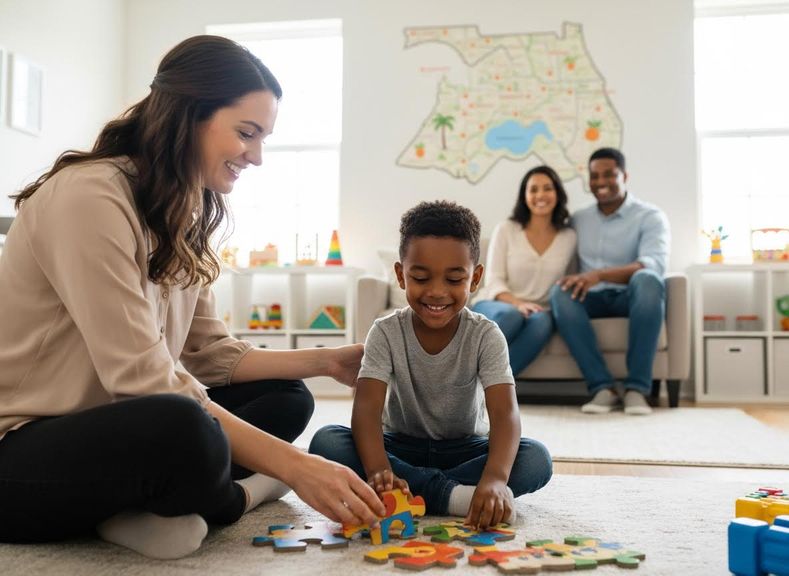 A happy Black boy and an adult woman sit on the floor playing with a colorful wooden puzzle, while two smiling adults watch from a sofa in the background. Happy child playing puzzle with an adult