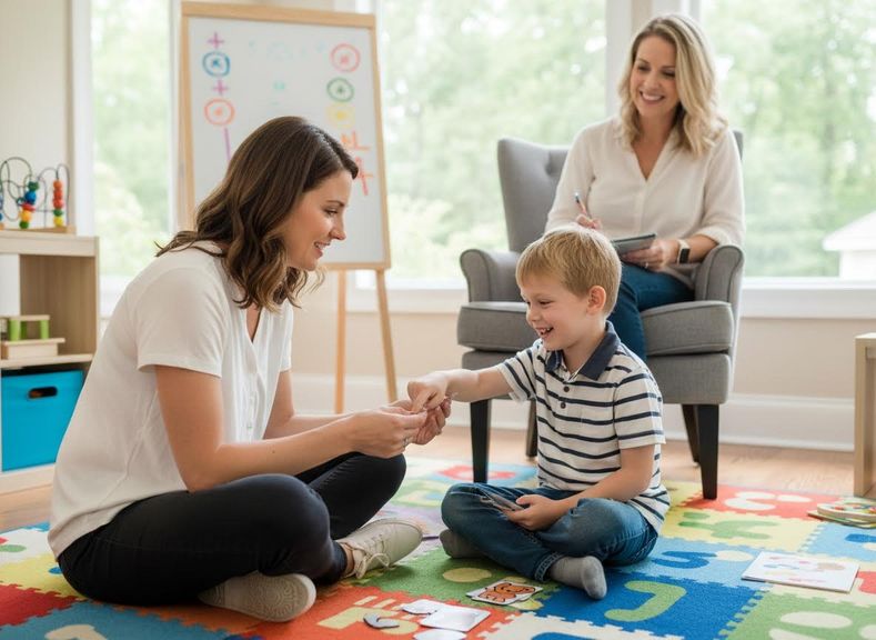 Therapist and Child Play with Learning Cards