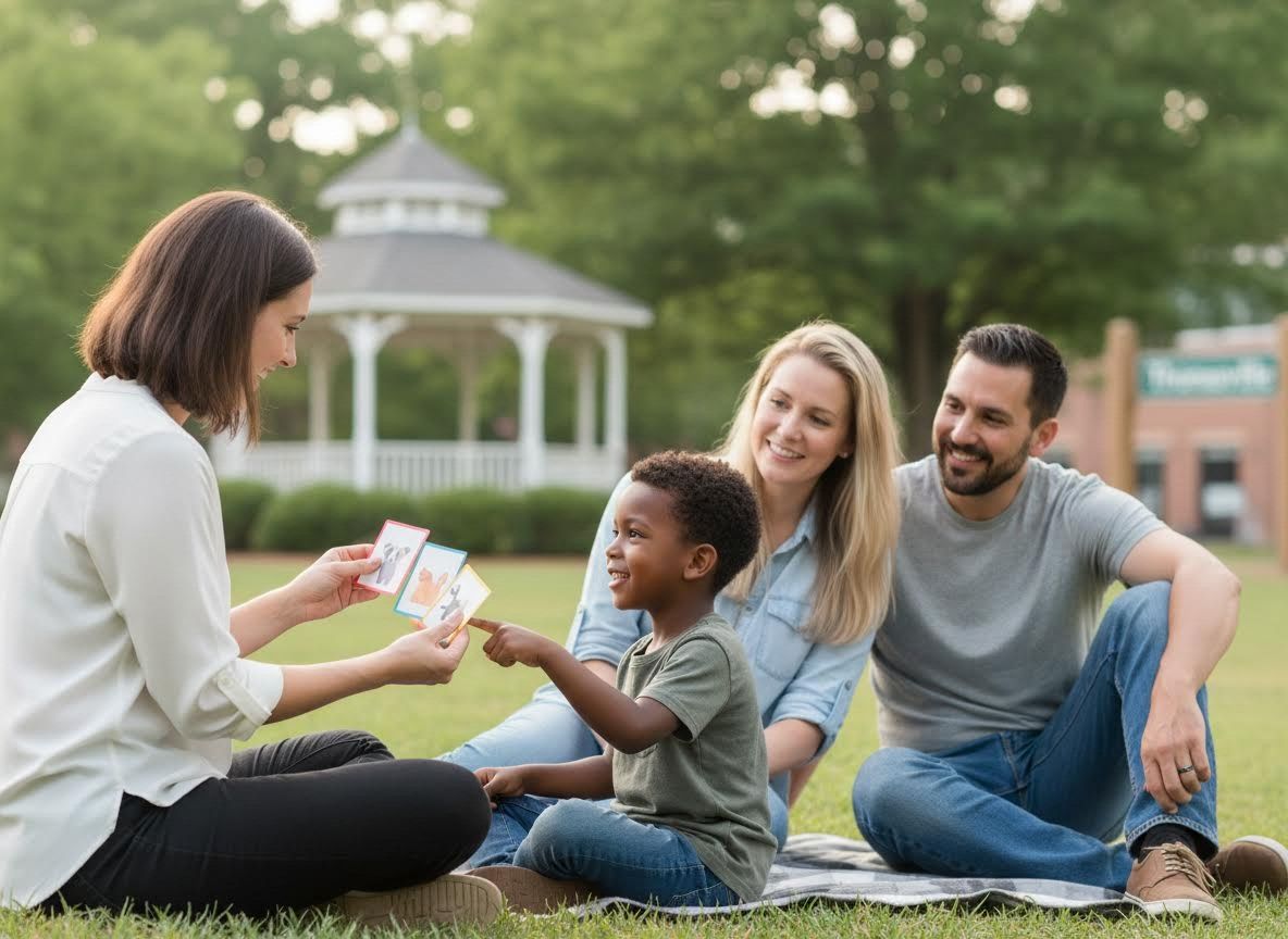 Family playing a card game in a park