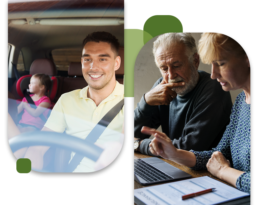 photo collage of family driving and middle-aged couple working on computer