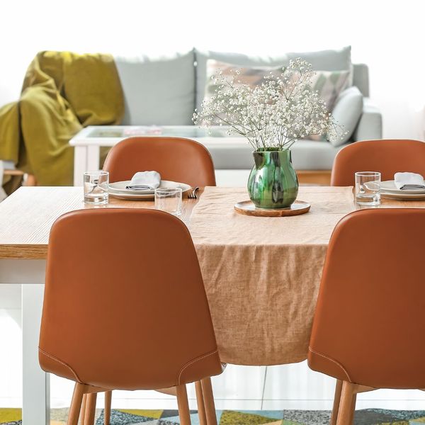 a terracotta dining room set with a light blue and sage couch in the background