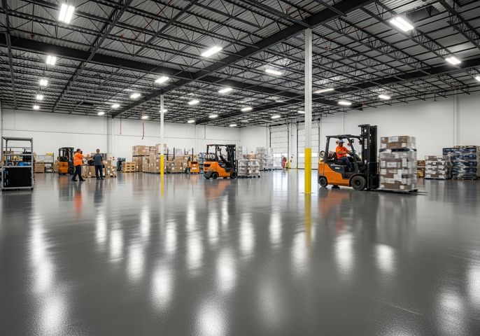 Wide shot of a clean and spacious warehouse interior, featuring workers, forklifts moving goods, rows of neatly stacked boxes, and a polished floor reflecting the overhead lighting. Warehouse Interior with Forklifts and Workers