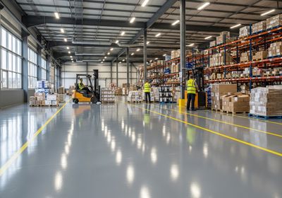 A spacious warehouse with high ceilings, metal beams, and gray epoxy floors. Workers in yellow safety vests are operating forklifts to move and organize boxes and packages on pallets. Rows of shelving units filled with inventory line the walls. Warehouse interior with workers and forklifts