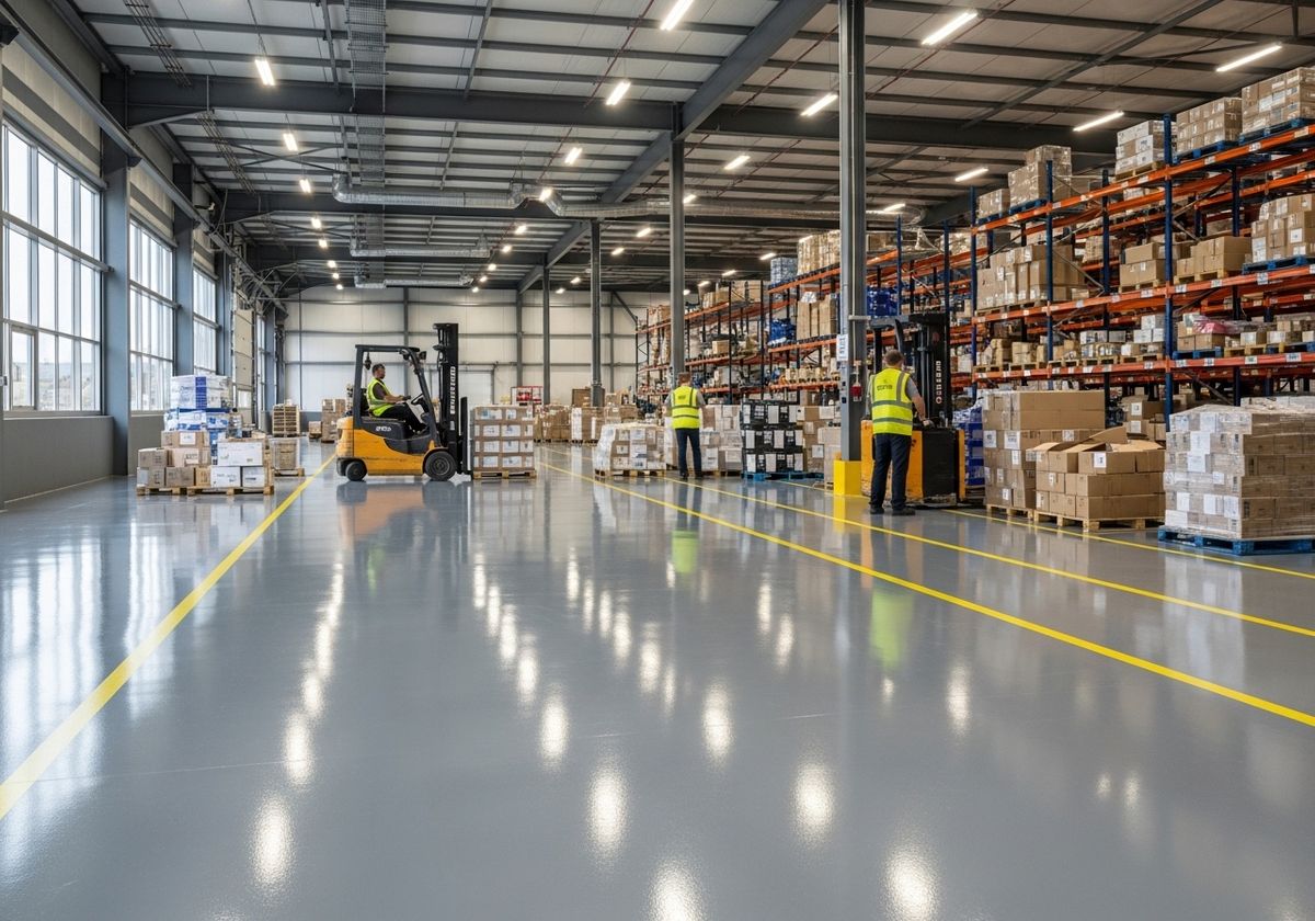 Warehouse interior with workers and forklifts