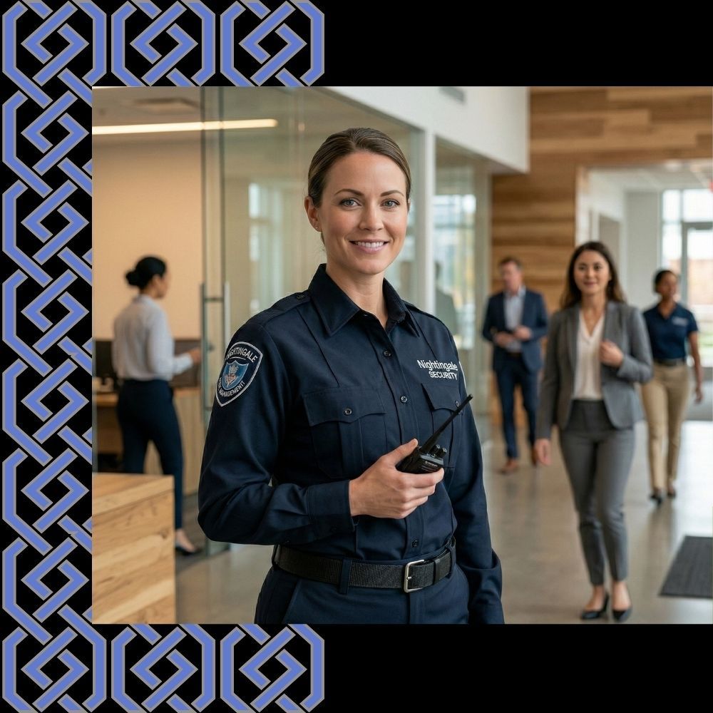 A professional female Nightingale security guard provides visible authority in a modern Portland office lobby, enhancing the feeling of safety for employees and visitors.