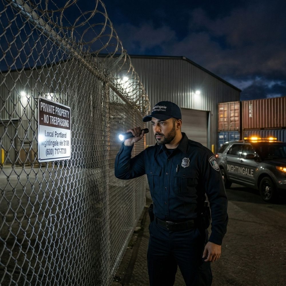 A professional Nightingale security guard uses a tactical flashlight during a nighttime perimeter patrol at a Portland warehouse, illustrating proactive cargo theft prevention.