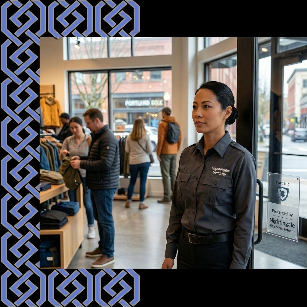 A vigilant Nightingale security guard maintains a visible presence inside a Portland clothing boutique to deter theft and organized retail crime.