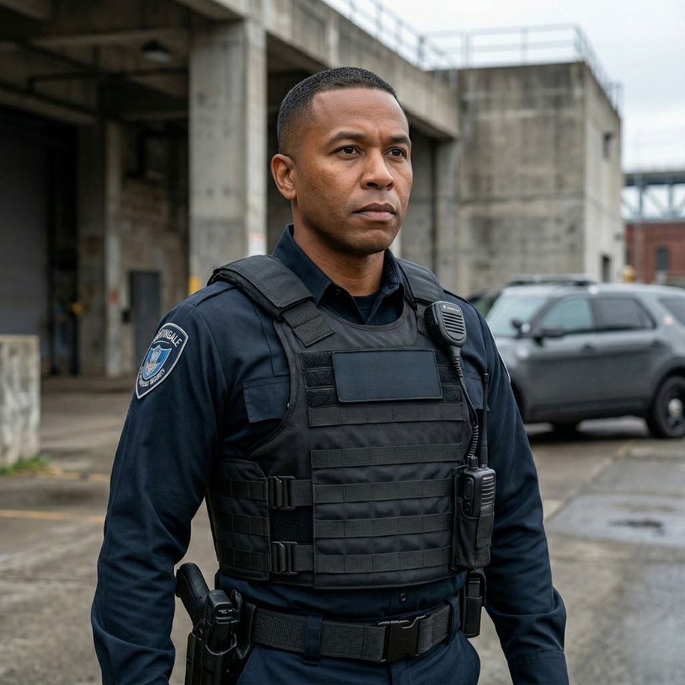 A disciplined male Nightingale security guard in full tactical gear, representing reliable armed security for critical sites, is focused during advanced training in a Portland industrial setting.
