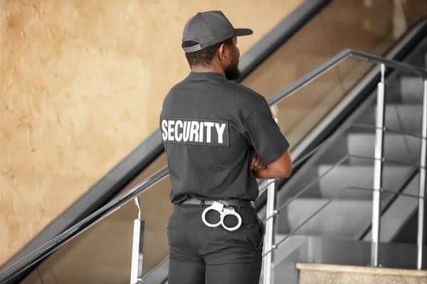 security guard standing at the bottom of a staircase