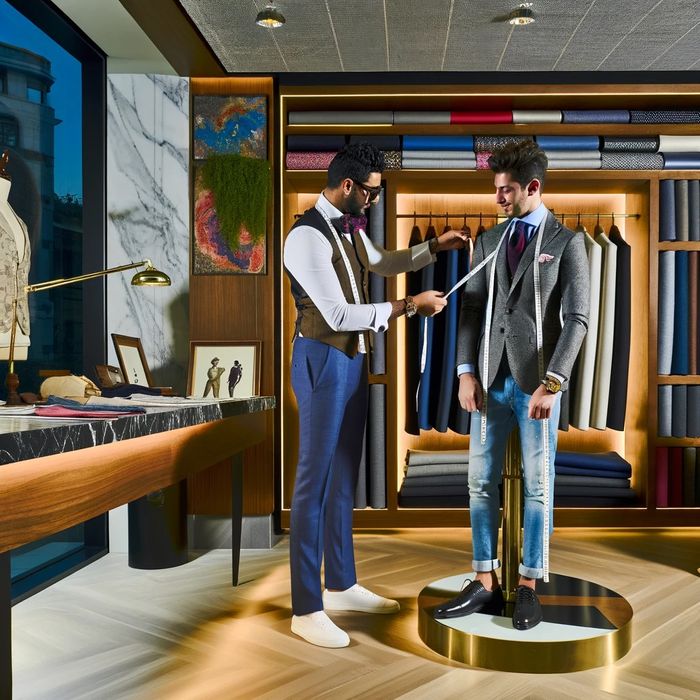 Tailor measuring a customer for a custom suit