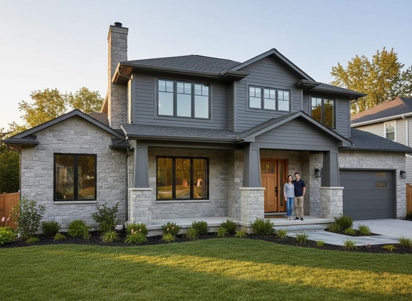 A happy couple stands on the front porch of their stylish, modern gray and stone house, featuring a dark roof and manicured lawn. Modern Gray Stone House with Couple