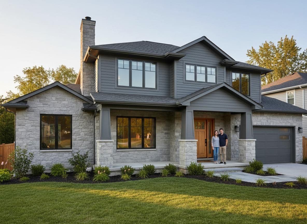 Modern Gray Stone House with Couple