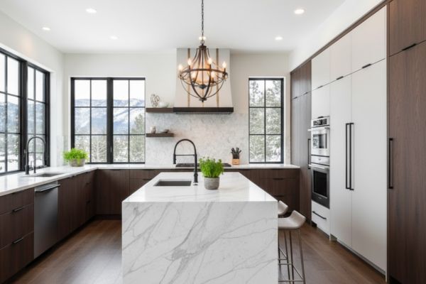 A spacious, modern kitchen with dark wood cabinets and a marble island