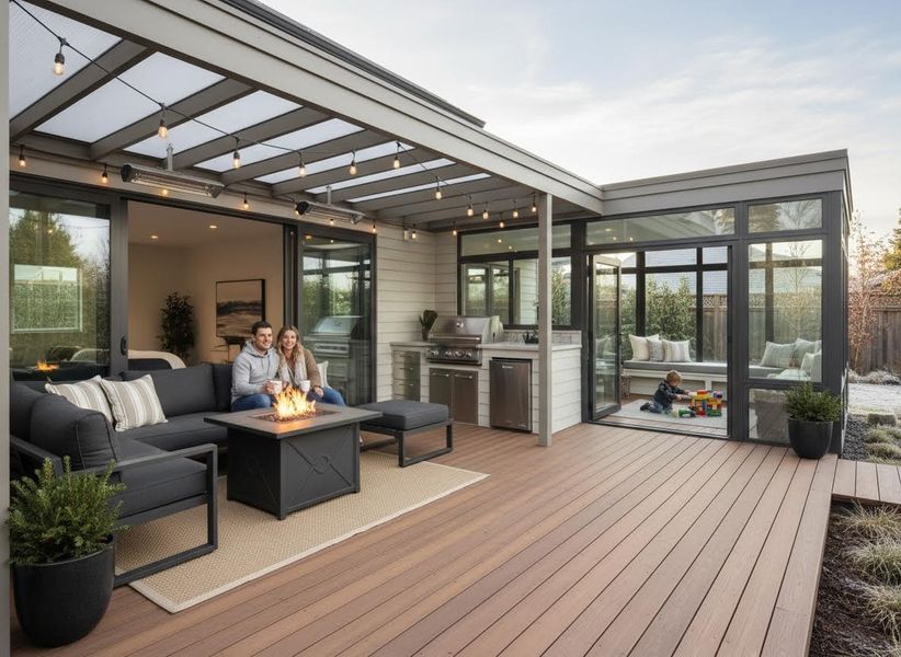 Modern covered patio with fire pit, outdoor kitchen, and family