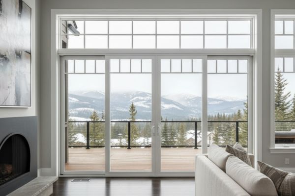 A high-end, modern living room featuring a wall of tall, white-framed windows that look out onto a snowy mountain and forest landscape