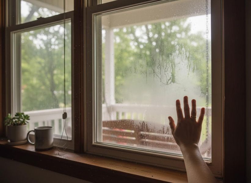 A person's hand with a ring presses against a moisture-laden window, looking out at a blurry, rainy green outdoor scene from indoors. Hand touching a foggy window on a rainy day