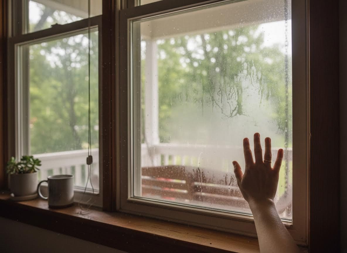 Hand touching a foggy window on a rainy day