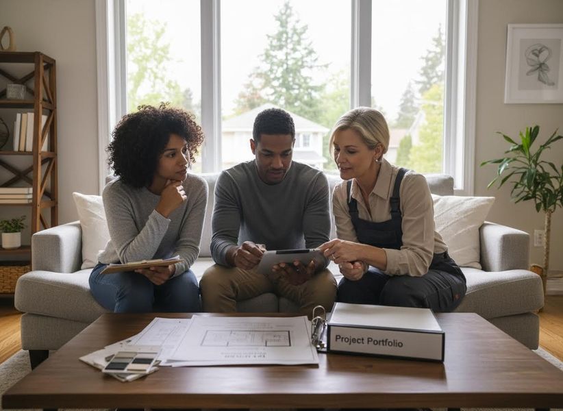 A diverse couple and a female home designer discuss architectural plans, color swatches, and a digital tablet in a living room. Home Design Consultation with Clients