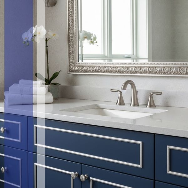 Clean blue and white bathroom vanity