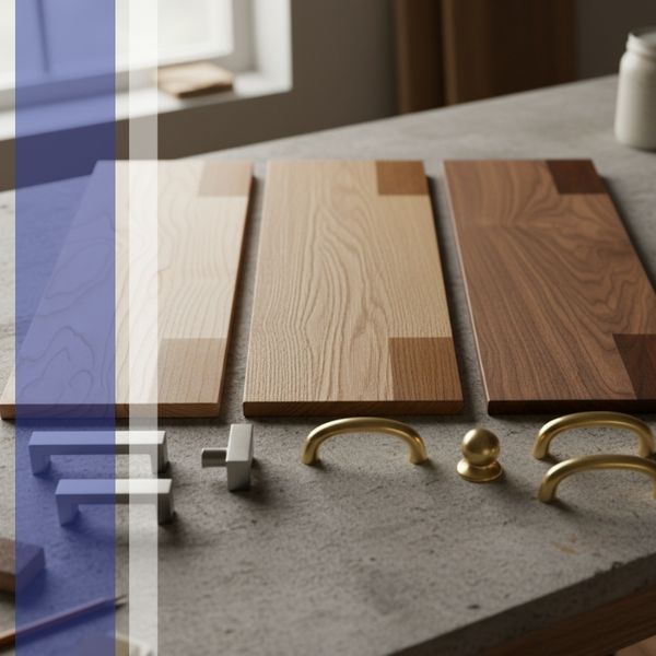 wood samples on a worktable: oak, walnut, and maple panels