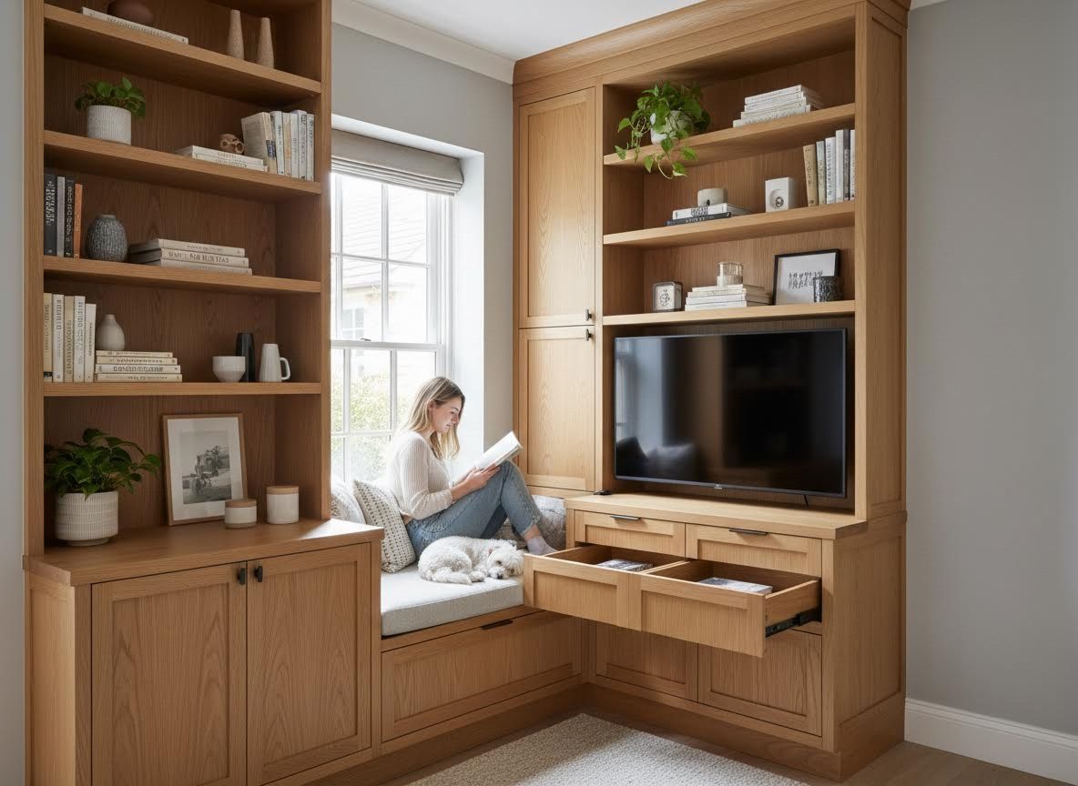 Woman and dog relaxing on a custom oak built-in window seat with bookshelves and media center