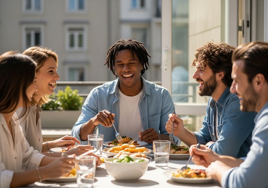 A lively group of five friends gathered around a table on a sunny outdoor balcony or terrace. They are in the middle of a meal, with plates of food and glasses of water on the table. The friends are laughing heartily and engaging in conversation, looking happy and relaxed. In the background, the windows and facades of urban apartment buildings are visible. A group of friends laughing and eating lunch together on an outdoor urban terrace.