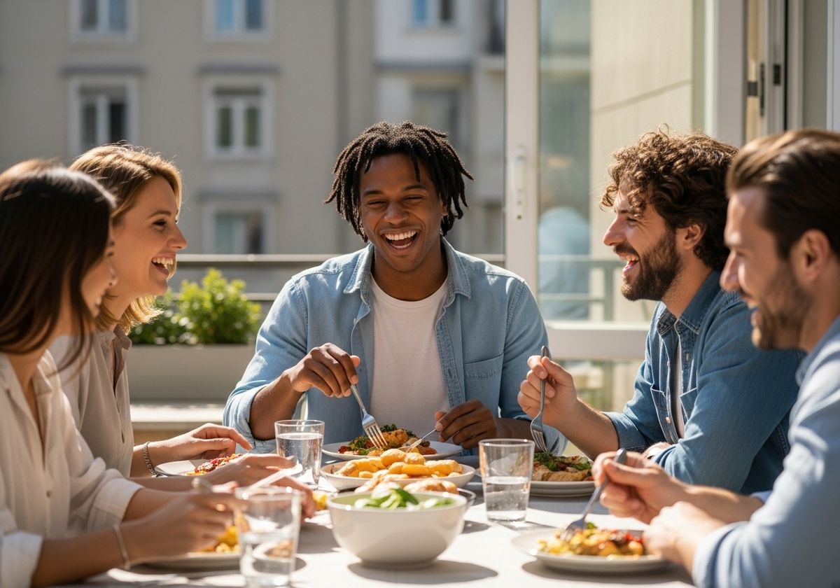 A group of friends laughing and eating lunch together on an outdoor urban terrace.