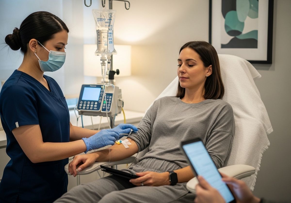A nurse in blue scrubs and a face mask adjusting an IV line for a female patient seated in a medical recliner.