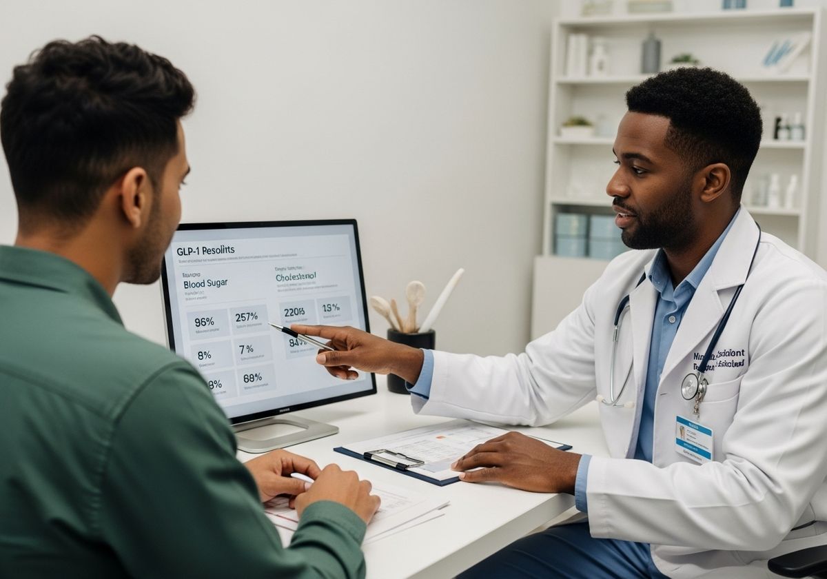 Doctor reviewing GLP-1 and blood sugar results on a computer monitor with a patient.