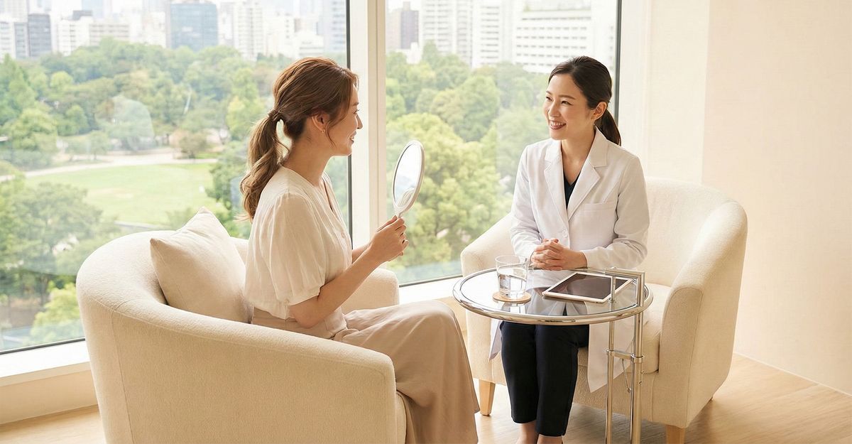 Female doctor consulting with a patient holding a hand mirror in a bright office with a city view.