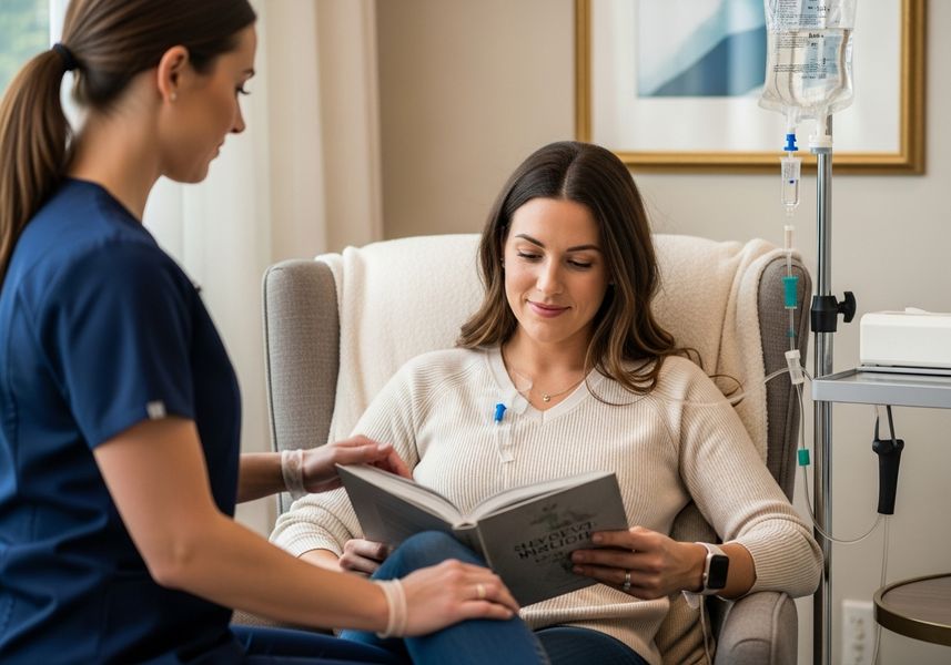 A relaxed woman with an IV drip in her arm sits with eyes closed in a comfortable medical recliner wearing a grey robe.