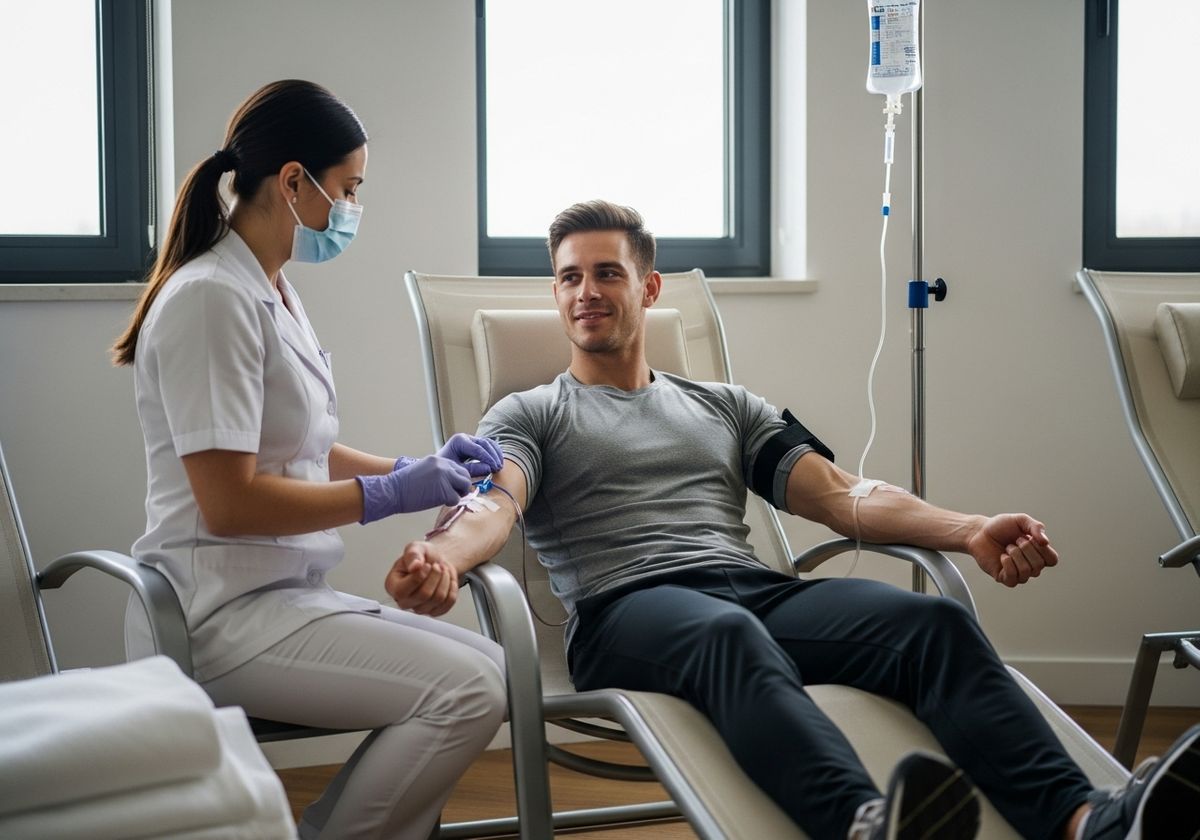 A nurse in a mask administering an IV drip to a smiling male patient in a modern clinic.