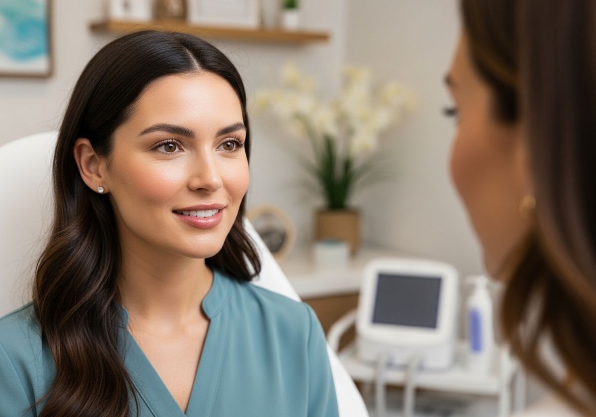 A woman sitting in a medical spa chair having a consultation with a practitioner.