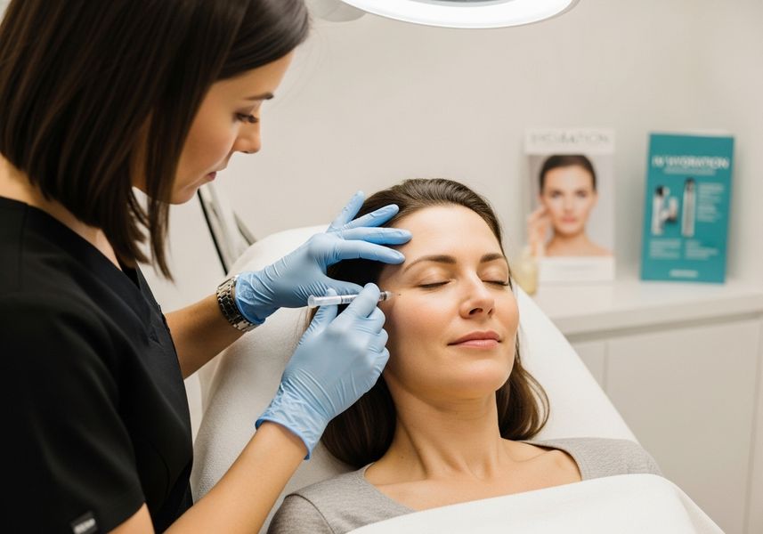 A woman with shoulder-length brunette hair is lying back in a treatment chair with her eyes closed. A practitioner, wearing a black scrub top and blue latex gloves, is injecting a syringe near the outer corner of the patient's eye (often treated for crow's feet). The background is a professional clinic setting featuring posters about hydration and skincare products. Side profile of a woman receiving a cosmetic injection near the eye area by a practitioner in blue gloves.