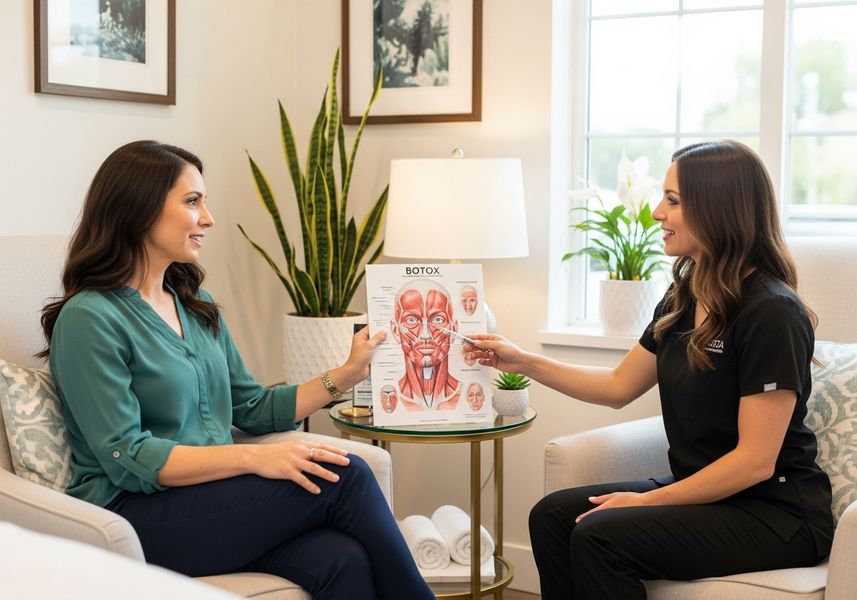 A consultation scene in a well-lit office. An aesthetic provider wearing black scrubs sits across from a female patient. The provider is holding a diagram of facial muscles labeled "BOTOX" and using a pen to point out specific treatment areas to the patient, who is listening attentively. Plants and framed art in the background create a comfortable, professional atmosphere. esthetic provider explaining facial anatomy using a Botox muscle chart during a patient consultation.