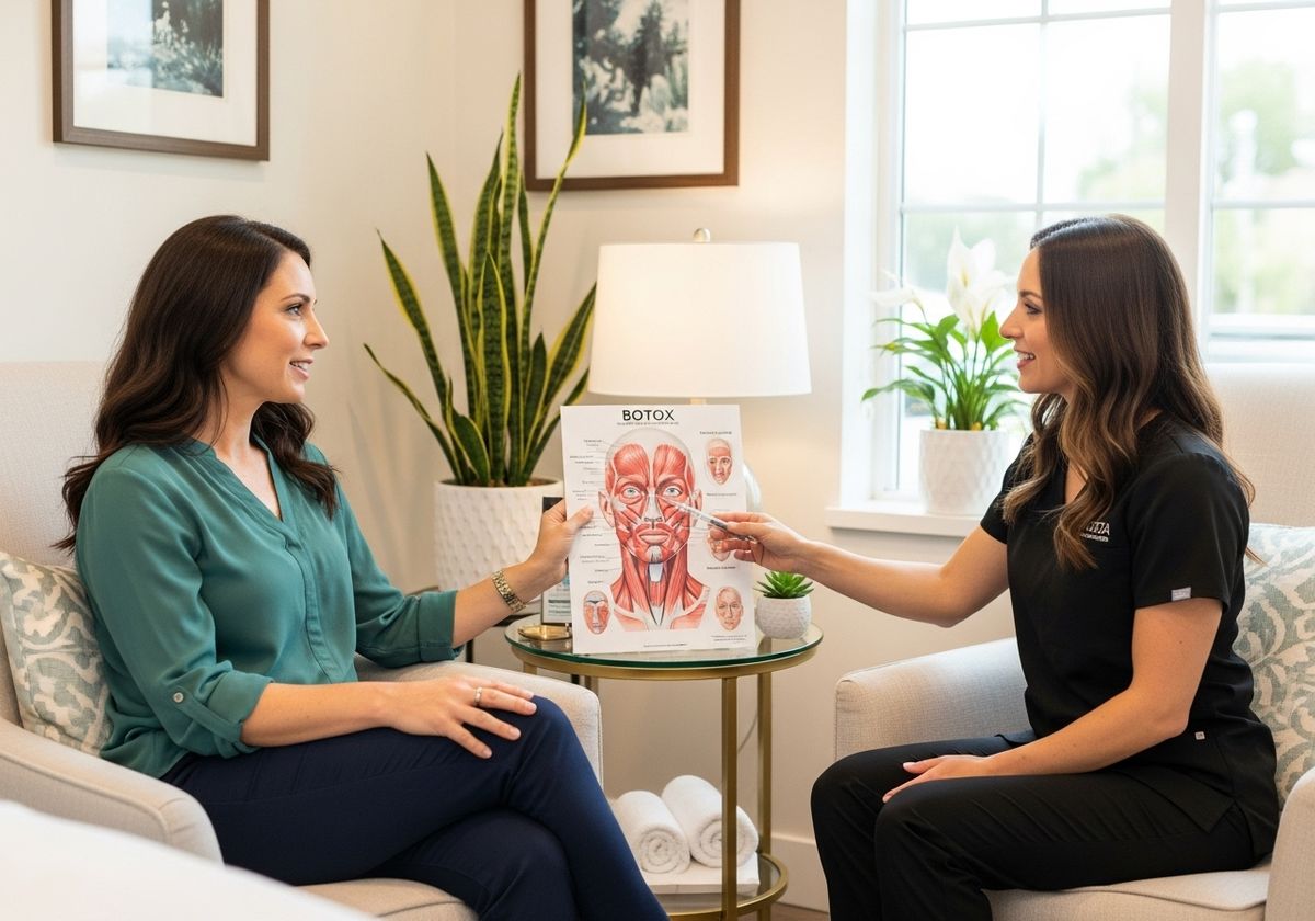 esthetic provider explaining facial anatomy using a Botox muscle chart during a patient consultation.